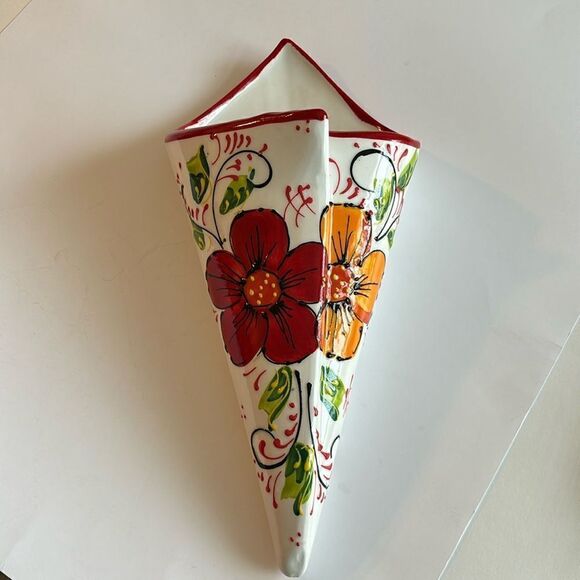 Ceramic Cone Shaped Wall Planter Hanging Pot Hand Painted Floral Made In Spain - Picture 1 of 10